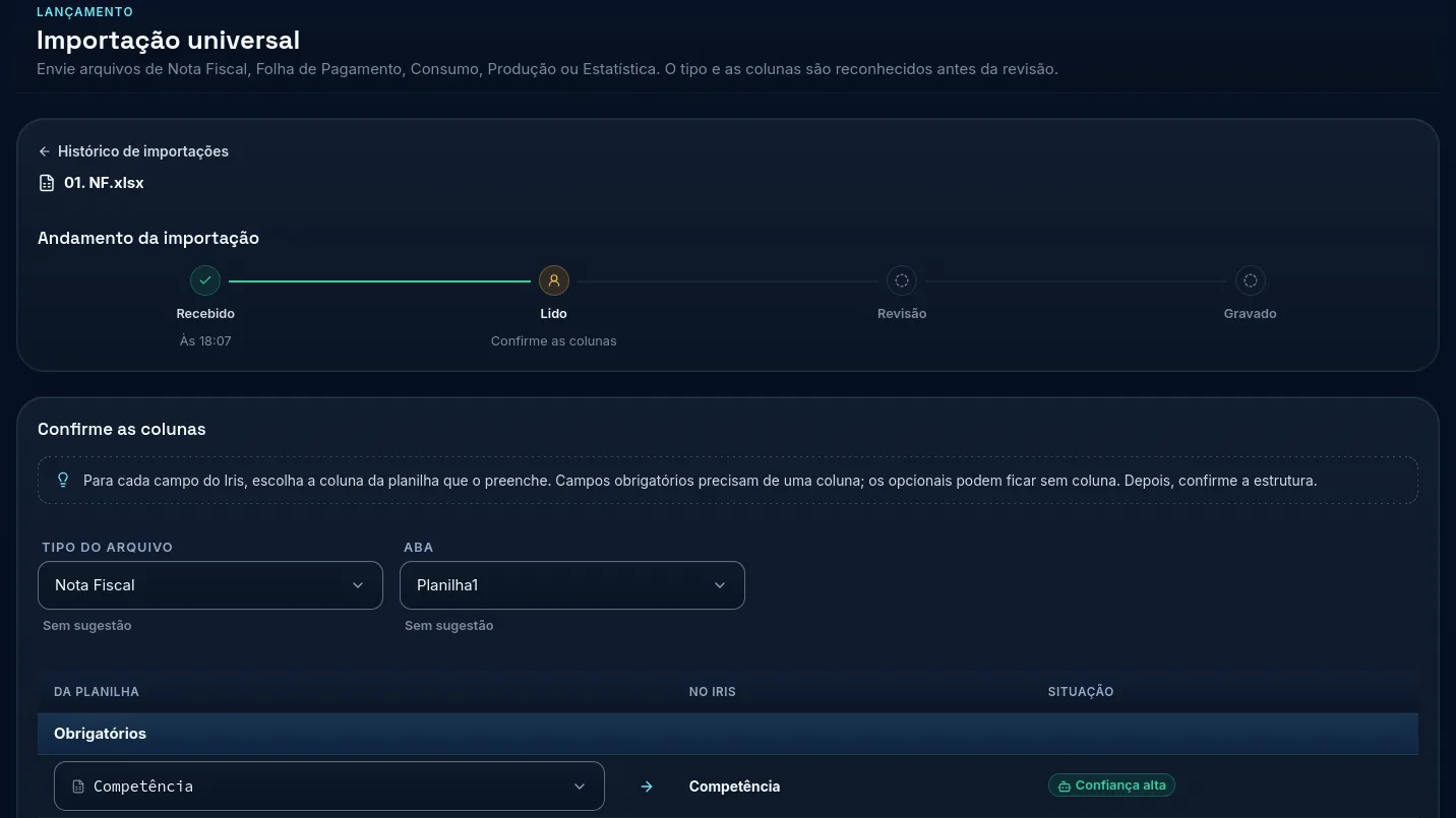 Importação universal: andamento da importação de uma planilha de notas fiscais e as colunas reconhecidas, com o grau de confiança de cada uma